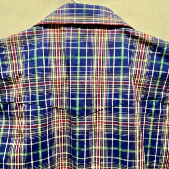 Wrangler Short Sleeve Button-Up Men's Large Blue Plaid Western Pearl Snap EUC - Picture 3 of 9